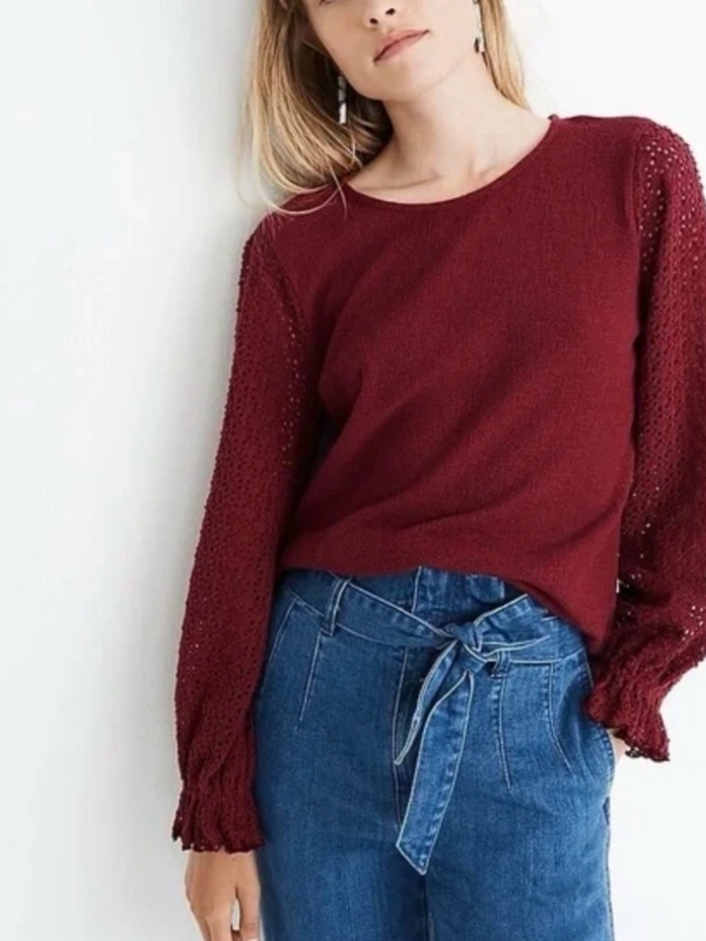 Madewell Knit Top Lace Knit Ruffle Sleeves 100% Cotton XL